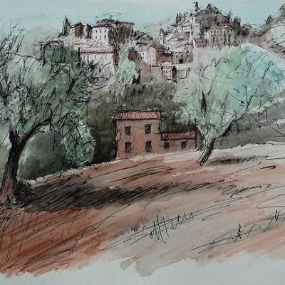 Village en Toscane (dessin aquarellé)