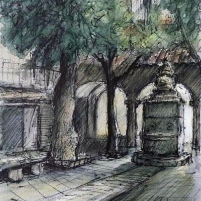 La fontaine (dessin aquarellé)
