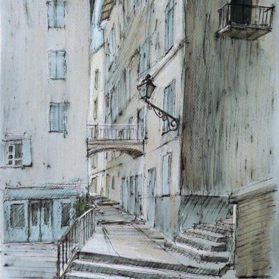 Rue de Menton (dessin aquarellé)