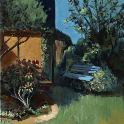 Le banc bleu (Huile,45x55)